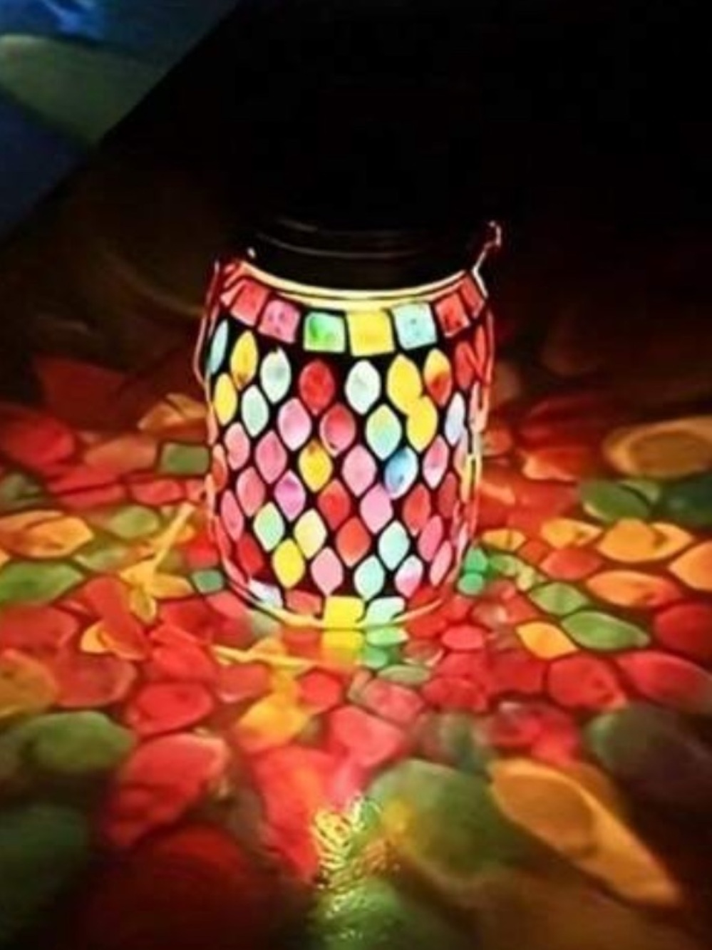 Colorful Mosaic Glass Hanging Solar Lantern- Multicolor Red - Picture 2 of 7